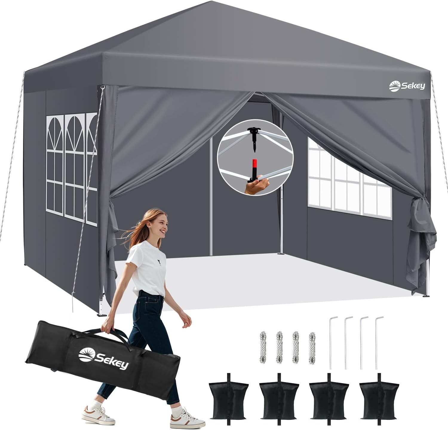 Sekey 3m x 3m One-Touch Pop Up Gazebo – Instant Setup, Heavy Duty & Waterproof 1000mm, Includes 4 Weight Bags for Extra Stability – Perfect for Outdoor Events, Camping, Markets, Grey