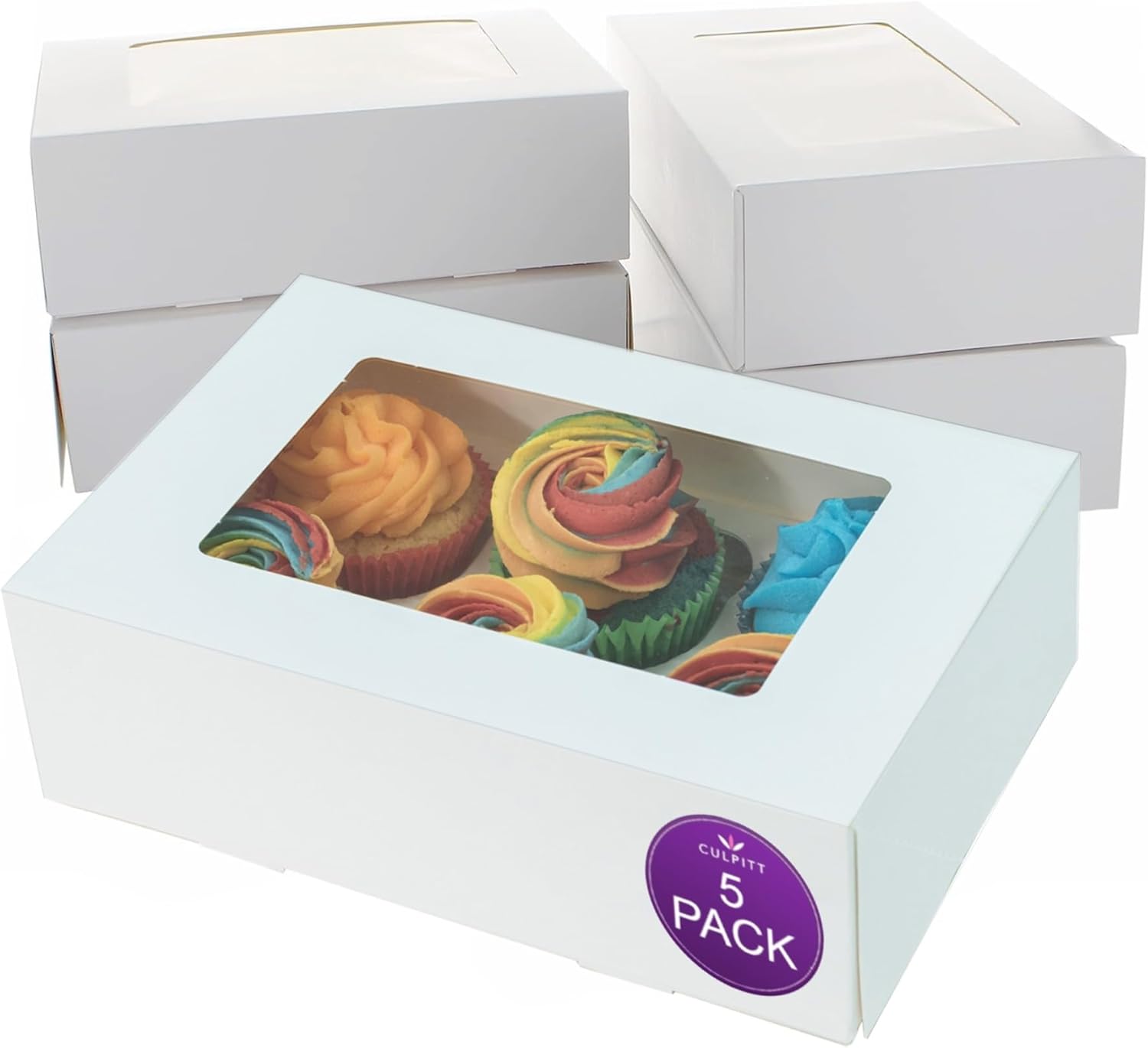 Culpitt 6 Hole Cupcake Box, 5 Pack, White Cupcake Boxes For Carrying And Displaying Tasty Muffins, Fairy Cakes, And Treats