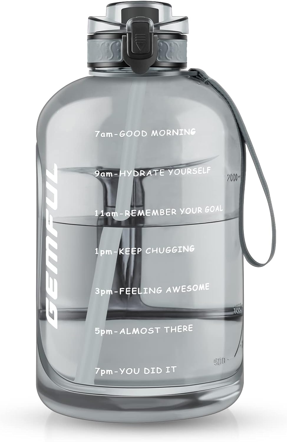 GEMFUL 3 Liter Water Bottle with Straw Time Marker Large 101oz BPA-Free Leakproof Jug for Gym Sports Hiking Motivational Tracking for Men Women (Grey with Removable Straw)