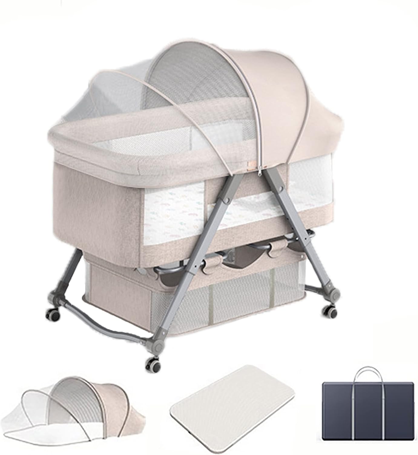 SADRIM Baby Bed,3 In 1 Baby Bassinets,Bedside Sleeper, Portable Baby Crib With Storage Basket,Playpen,Heigt Adjustable,baby rocker,Large Storage Bag,for Infant/Baby/Newborn (Color : Khaki)