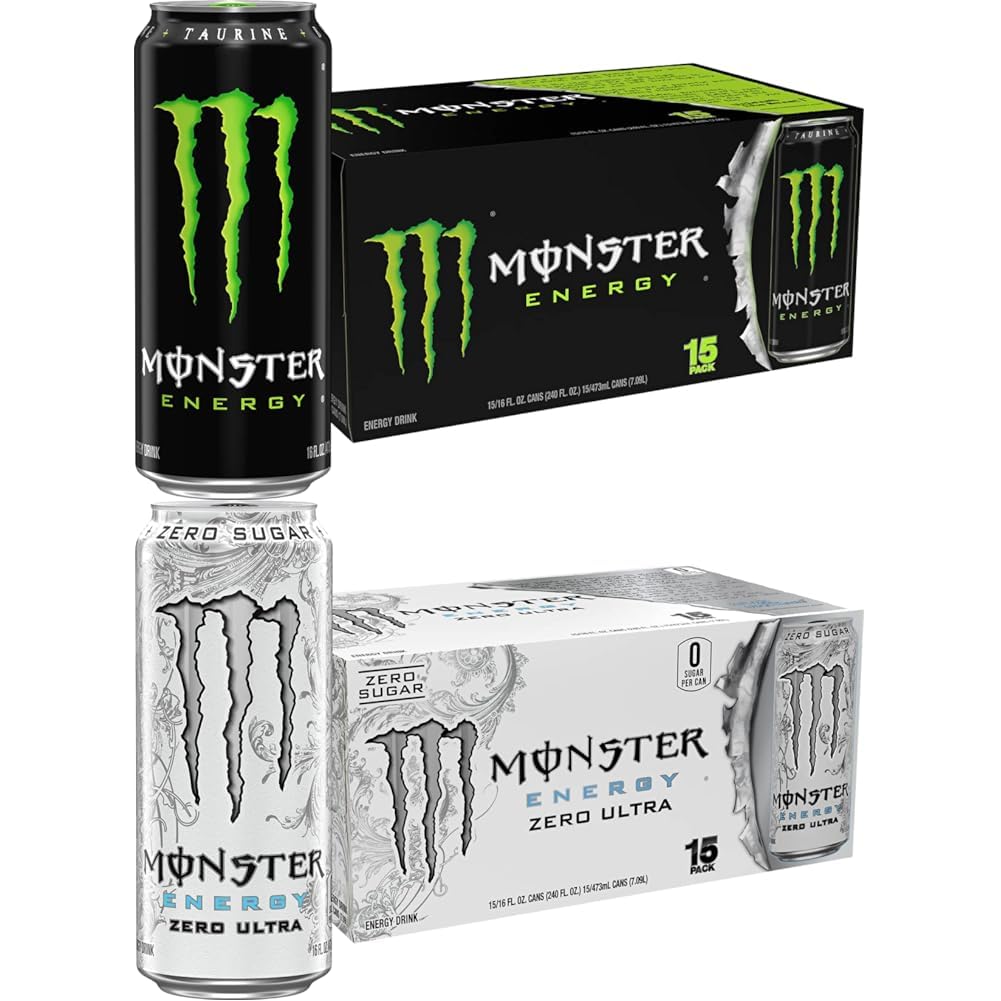 Monster Energy Drink Original, Green & Zero Ultra Variety Pack, 30 Cans | 15 of Each Flavor, 16oz Cans