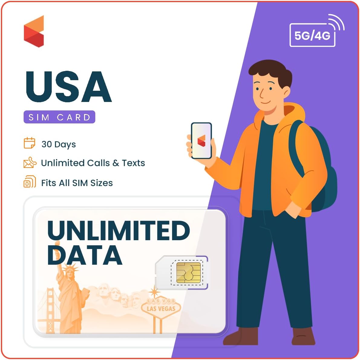 SimCorner USA Travel SIM – Unlimited 5G/4G Data (30 Days) | 3-in-1 SIM | Calls & Texts to US & Hawaii