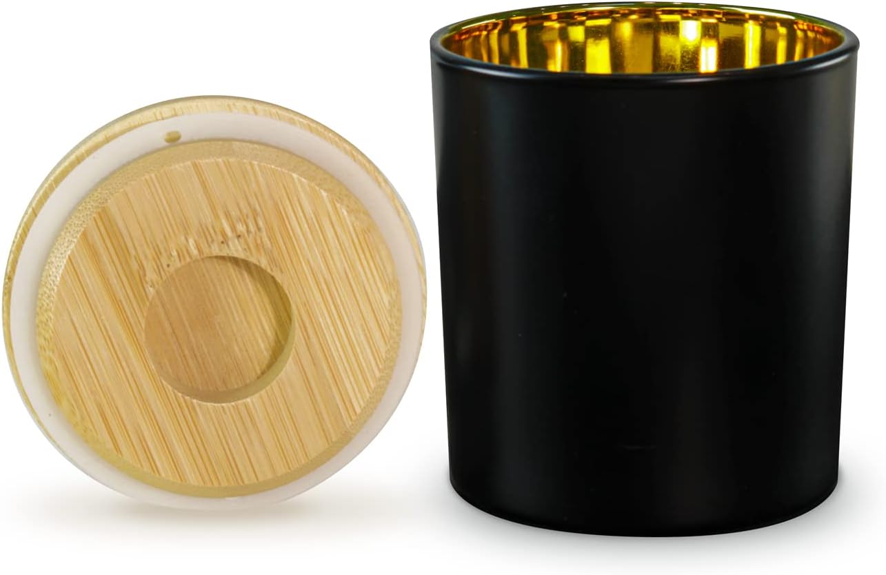 Aroparc Candle Jars with Lids 10oz, Elegant Gold Interior Candle Jars for Candle Making 12 Pieces with Bamboo Lids - Black Matte