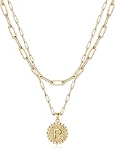 Yoosteel Gold Initial Necklaces for Women, 14K Gold Plated Dainty Layering Paperclip Link Chain Necklace Personalized Coin Initial Layered Gold Necklaces for Women