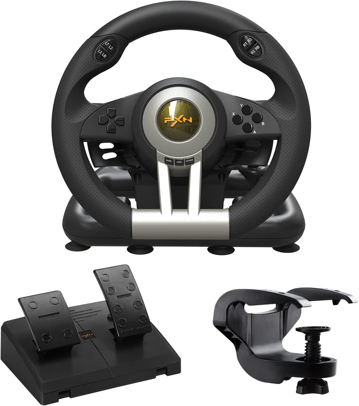PXN V3 PRO Gaming Steering Wheel and Pedals, 180° Racing Wheel with Vibration Feedback, Steering Wheel, Gaming Wheel for PC, PS3, PS4, Xbox One, Xbox Series X/S, Switch -Black