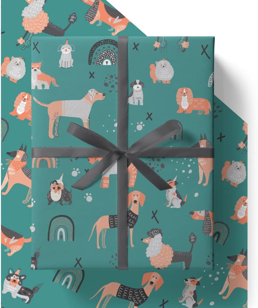 4 x Dog Wrapping Paper - HUGE 43% BIGGER [84cm x 60cm] Premium Eco Gift Wrap for Birthday Celebration for Men, Women or Kids who love Dogs (4 Sheets & 4 Tags)