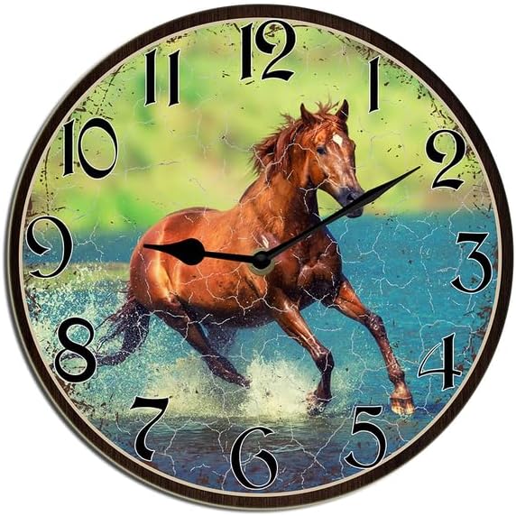 Horienteeon Running Horse Wall Clock Cute Animal Wooden Clock Wall Clock Non Ticking Silent Kitchen Clock Battery Operated Clocks For Living Room Bedroom Decor Round 10"