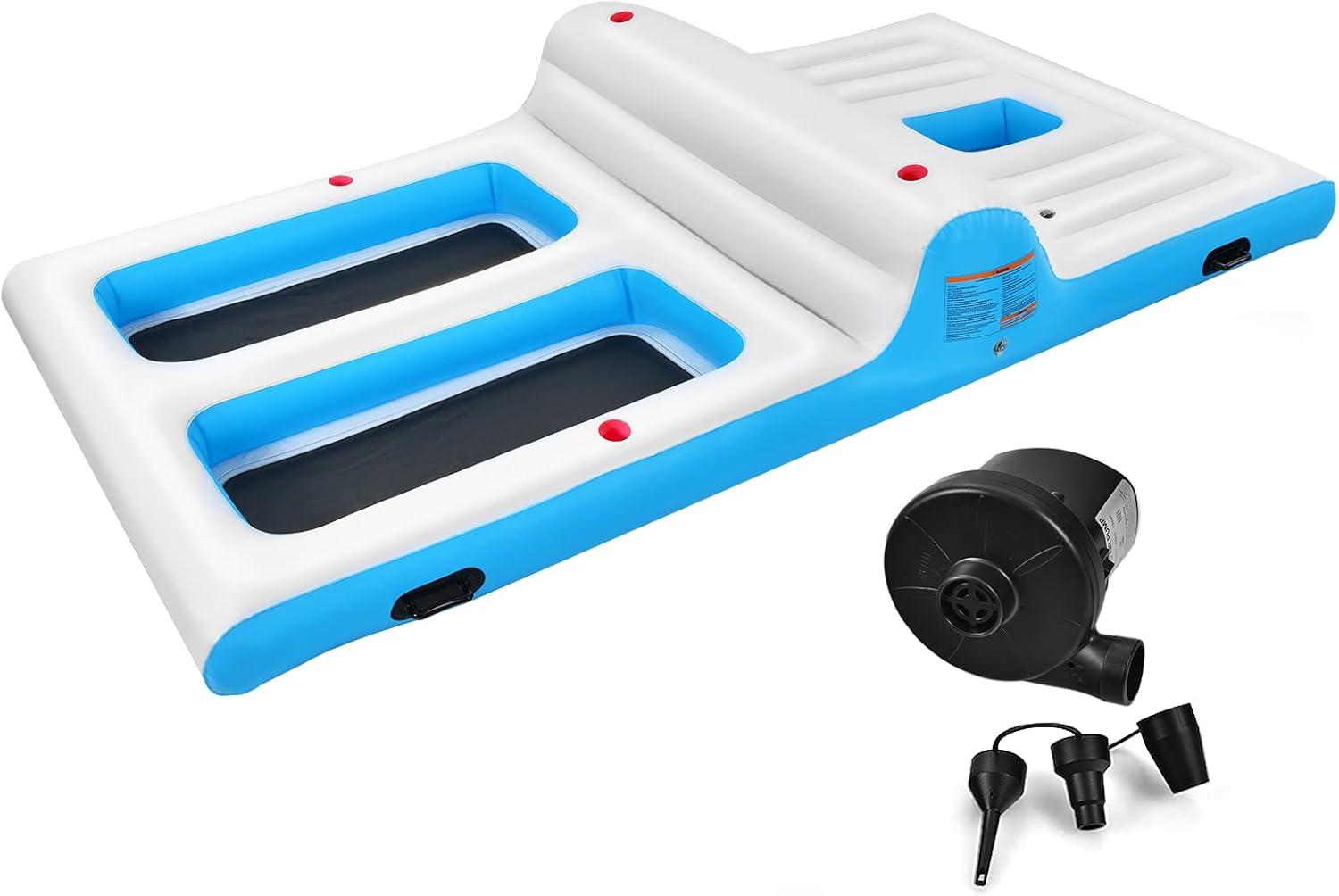 COSTWAY Inflatable Floating Island, Giant Float Raft with Electric Pump, Ice Chest and Built-in Cup Holders, Lounger & Wading Combo Water Pool Toy for 4-6 Persons