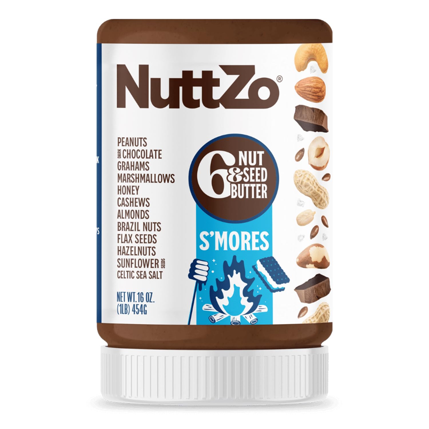 NuttZo S’mores Nut & Seed Butter – 16oz | Creamy Blend with Peanuts, Cashews, Almonds, Graham Crackers, Dark Chocolate & Marshmallows | 5g Sugar, 6g Protein Nut Butter
