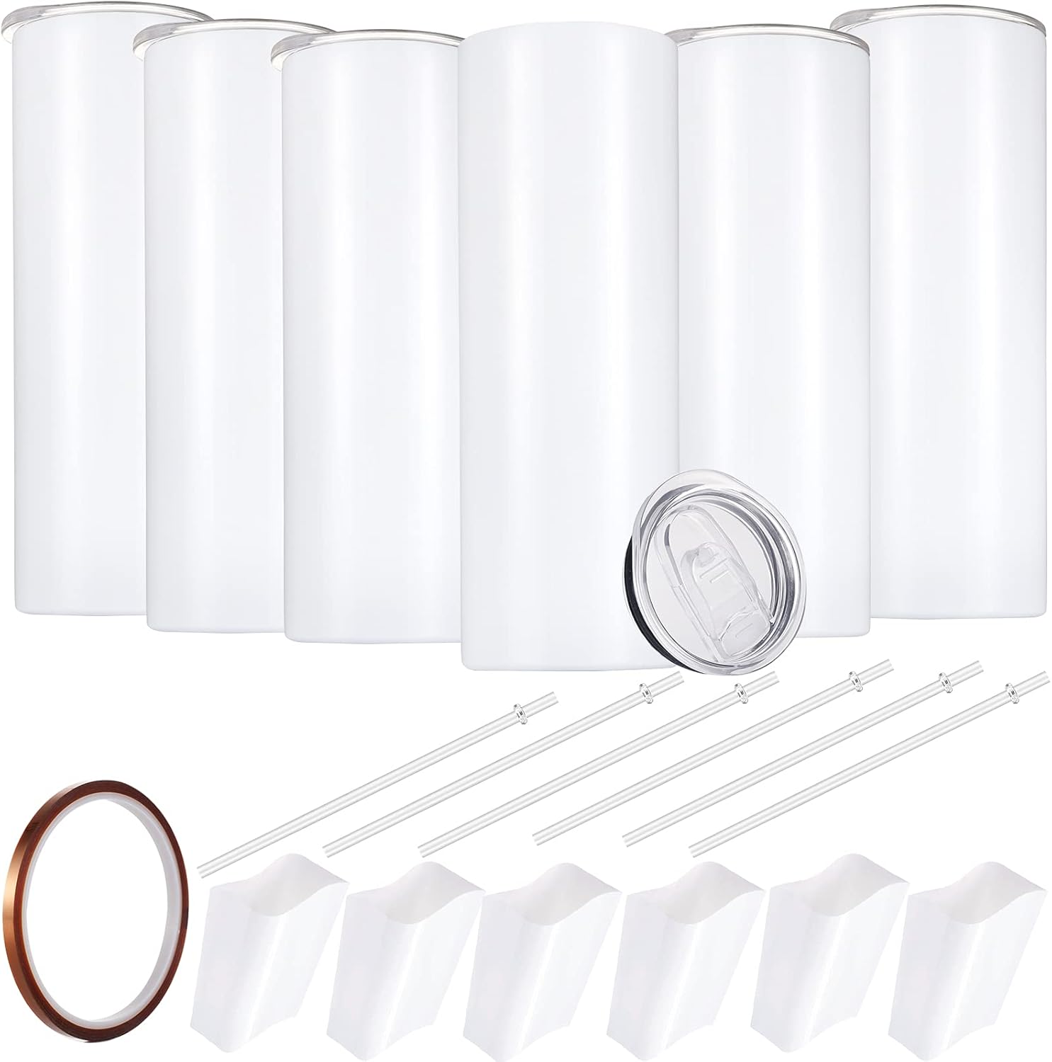 Sublimation Skinny Tumbler Straight Blank White 20oz - Sublimation Tumblers for Heat Transfer, Stainless Steel Coffee Cup with Shrink Wrap Sleeve & Heat Tape | Vinyl DIY Gifts, 6 Pack