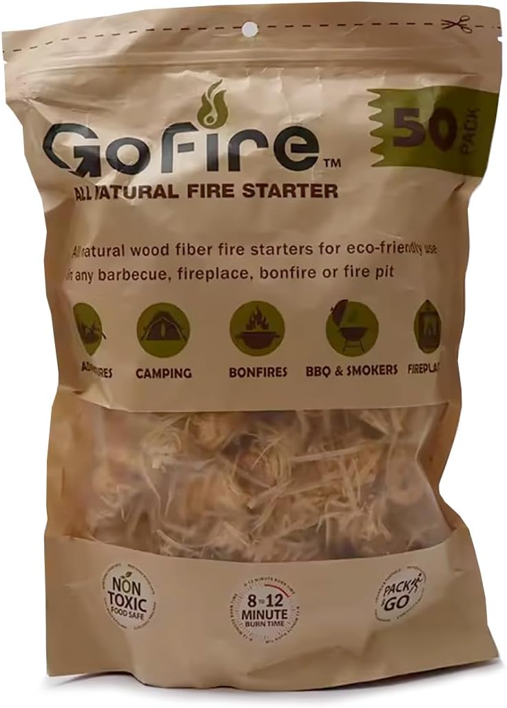 GoFire: All Natural Fire Starters - 50 Pack - Non-Toxic, Wood Fibers, Indoor & Outdoor, Earth-Friendly, for Campfires, Fireplaces & More