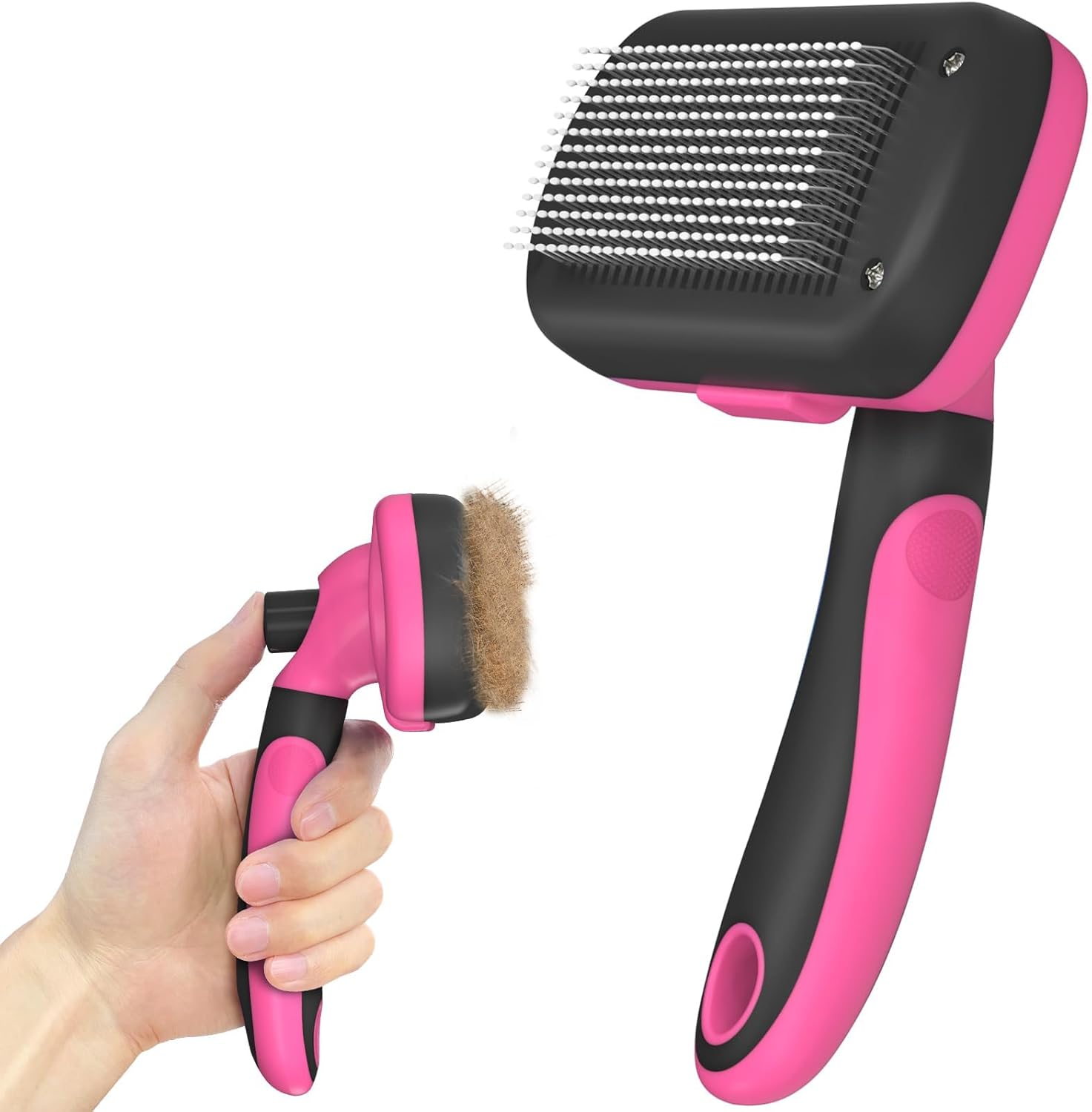 Self-Cleaning Pet Grooming Brush - Skin-Friendly Deshedding Tool for Dogs & Cats in Pink, Removes Loose Hair and Tangles
