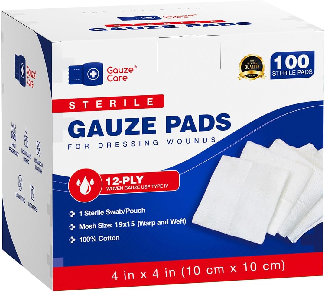 100pc Large Sterile Gauze Pads 4x4 Sterile for Wounds Bulk - 12ply Woven Gauze Sponges - USP IV Breathable Mesh 4x4 Gauze Pads Sterile for Enhanced Absorption - First Aid Medical