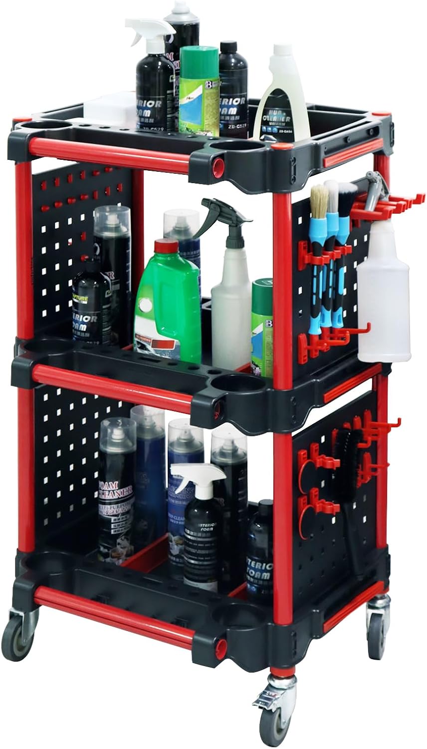 Auto Detailing Cart with Wheels,3 Tier Rolling Detail Cart with 4 Pieces Side Hanging Plate & Hooks,Car Wash Cart for Detailers Garage, Workshop, Repair Shop, Storage Tool