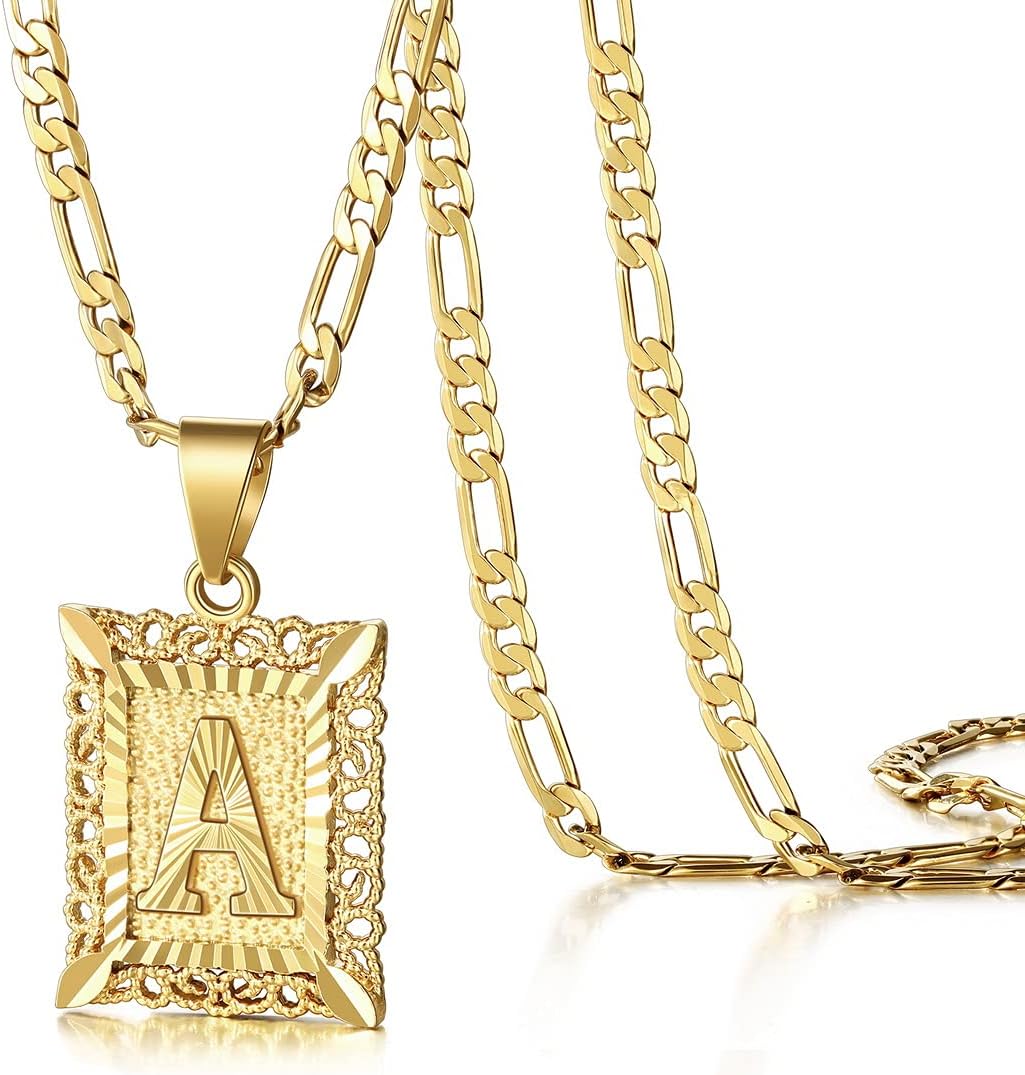 KissYan Initial Letter Pendant Necklace for Men Women, 14K Gold Plated Square Capital Monogram Necklace Alphabets from A-Z Figaro Chain Jewelry