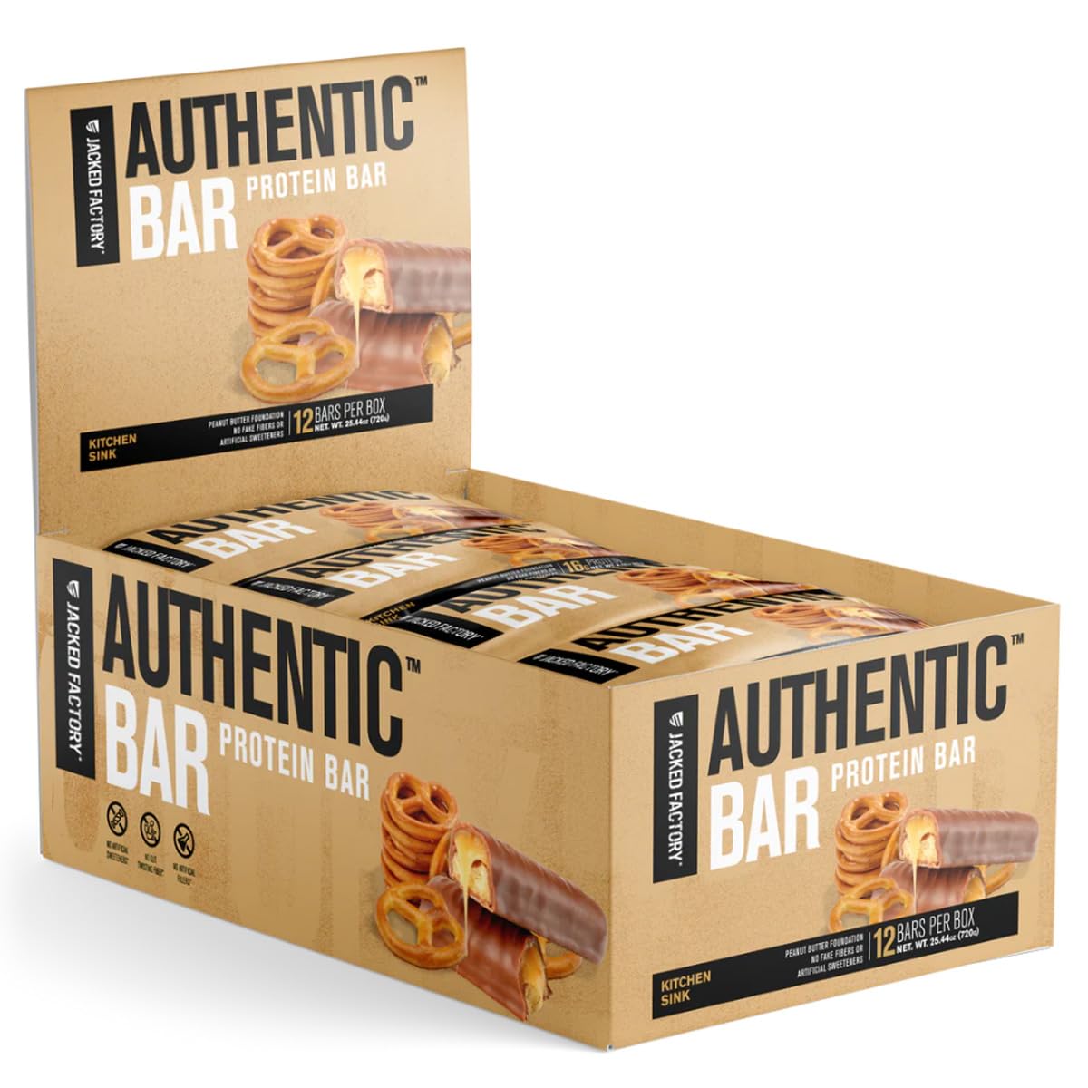 Jacked Factory Authentic Bar Kitchen Sink Protein Bars - Tasty Meal Replacement Energy Bars | 16g Whey Protein Isolate, Natural Sugars from Pure Honey, Healthy Fat Peanut Butter Foundation | 12 Pack