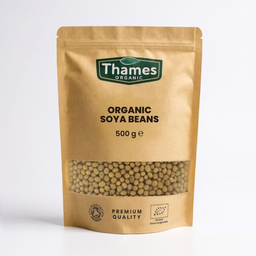 Organic SOYA Beans No Additives, No Preservatives, Raw, High Fibre, High Protein, Vegan, GMO-Free - Perfect for Plant-Based Recipes - Thames Organic 500g