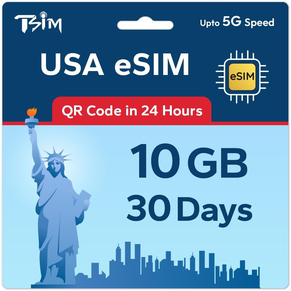 TSIM Prepaid USA eSIM for Travel | 30 days 10GB 5G Speed | Hotspot Allowed | eSIM QR Code Sent by Email within 24Hrs of Shipping | Scan QR Code and use Immediately | Data Only No Voice