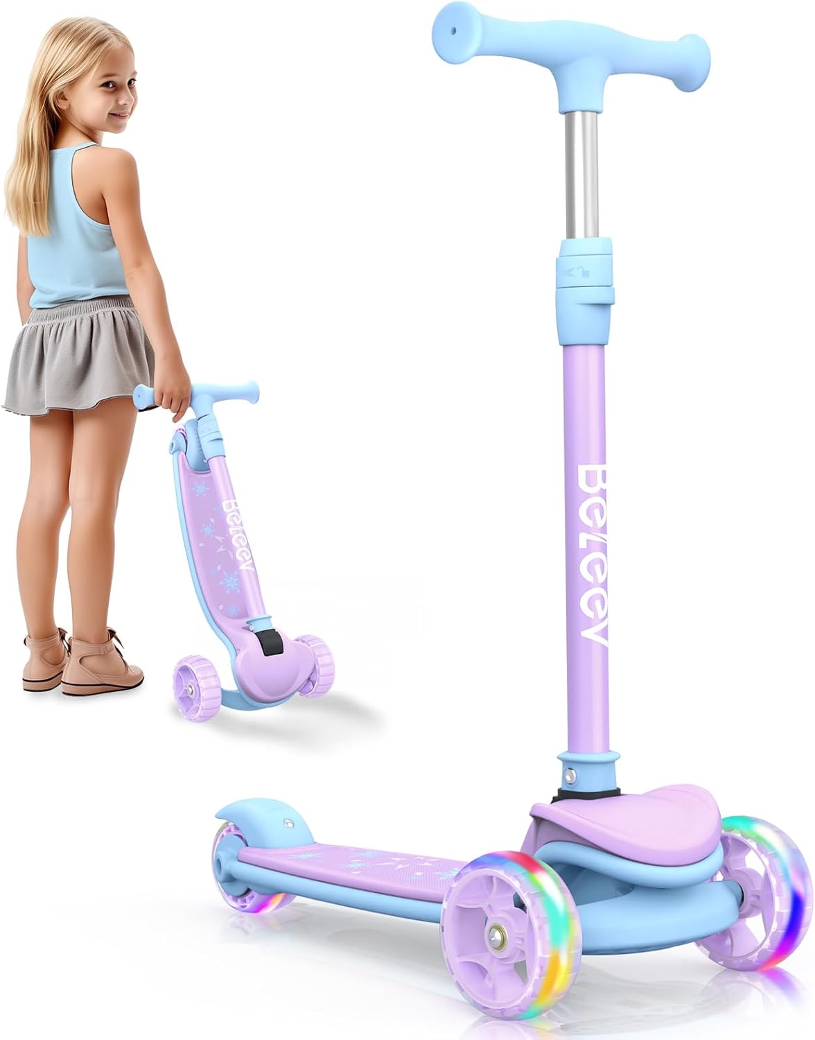 BELEEV A8 Foldable Scooter for Kids Ages 3-12, 3 Wheel Scooter for Toddlers Girls Boys, Light up Kick Scooter for Children, 4 Adjustable Height, Big Wheels, Lean to Steer, Extra-Wide & Non-Slip Deck