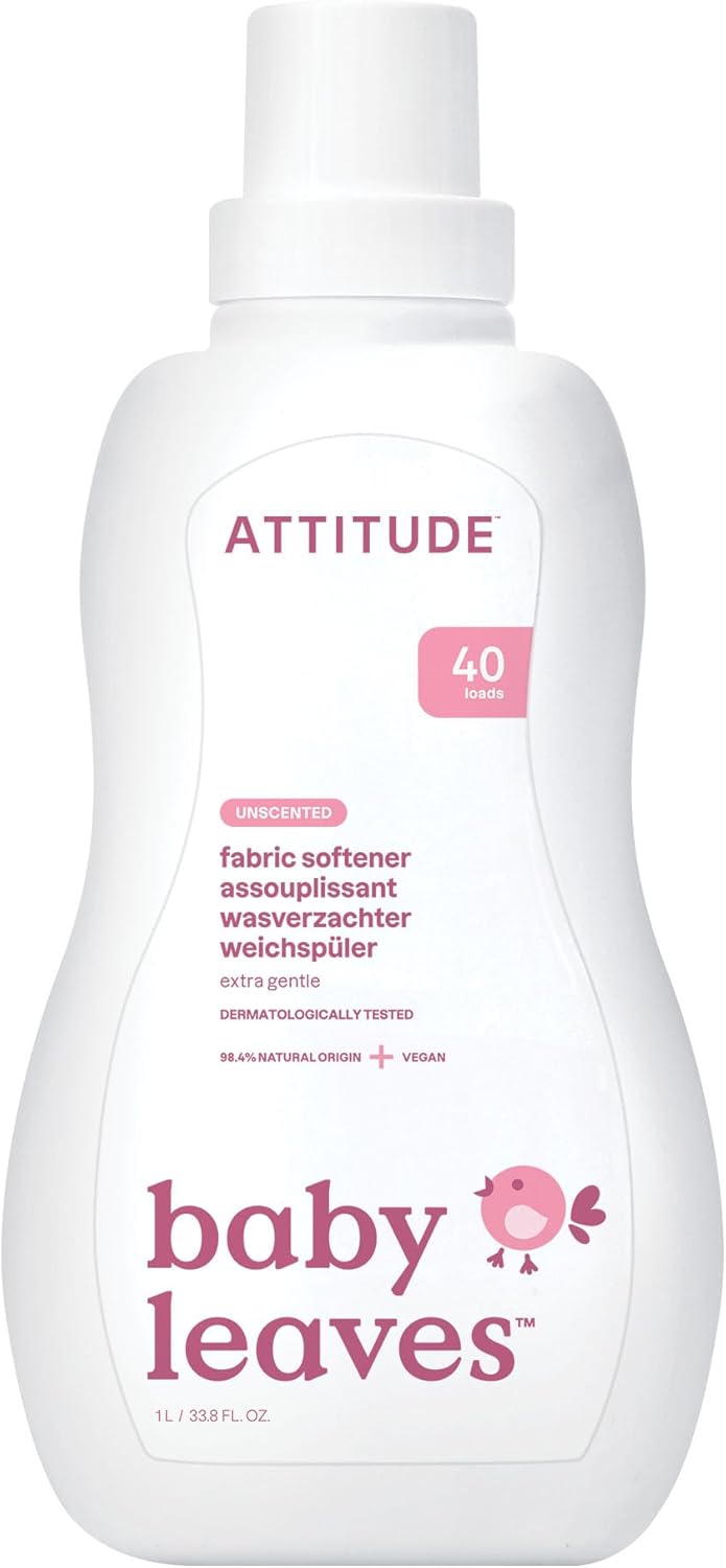 ATTITUDE Baby Fabric Softener Liquid, EWG Verified, Safe for Baby Clothes, Infant and Newborn, Vegan and Naturally Derived Washing Soap, HE Compatible, Unscented, 40 Loads, 1.04 Liter