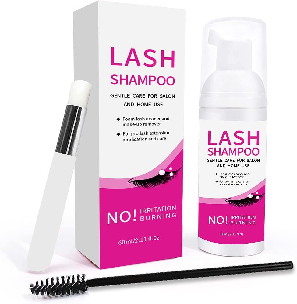 3 In 1 Eyelash Foaming Shampoo Set, 2.11 fl.oz, Remove Eye Makeup Oil, 60ml Eye Lash Extension Foam Cleanser Mousse with Mascara Wand Eyelid Cleansing Brush, Professional Salon Home Care Kit Self Use