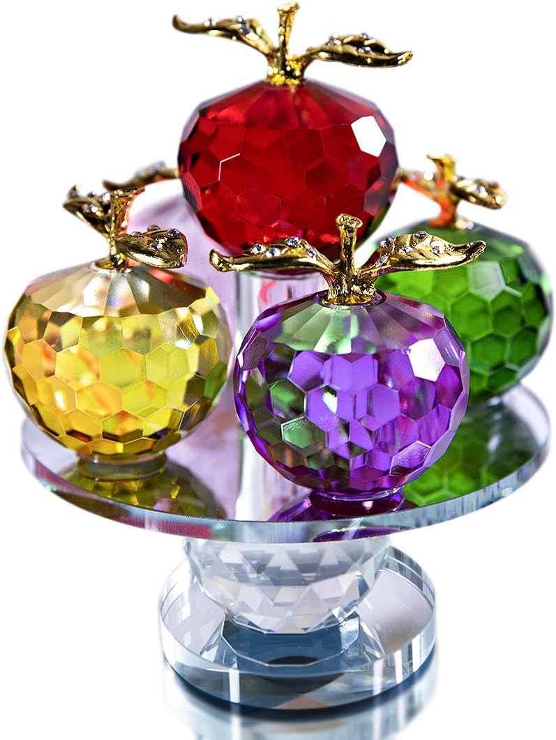 QFkris 5.1inches Height, 5 Colors Crystal Faceted Apples Ornament, Glass Apple Figurines Collectibles with Rotatable Base for Home Table Decor