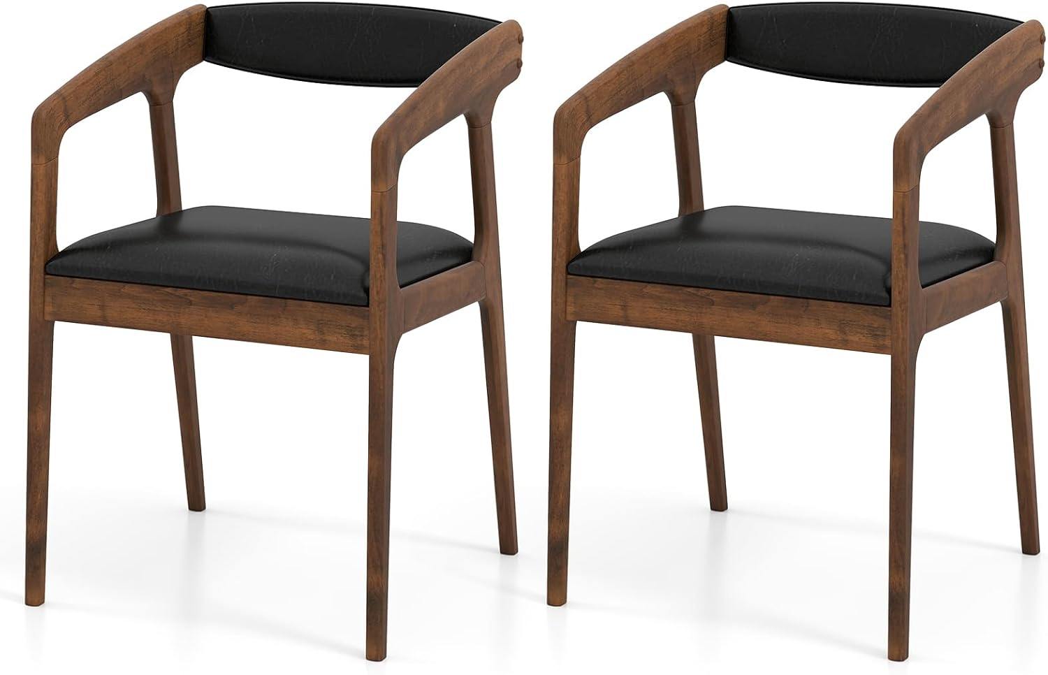 COSTWAY Accent Chairs Set of 2, Upholstered PU Leather Dining Chairs w/Padded Backrest & Seat, Smooth Armrests, Solid Rubber Wood Frame, Side Armchairs for Living Dining Reading Room, Brown & Black