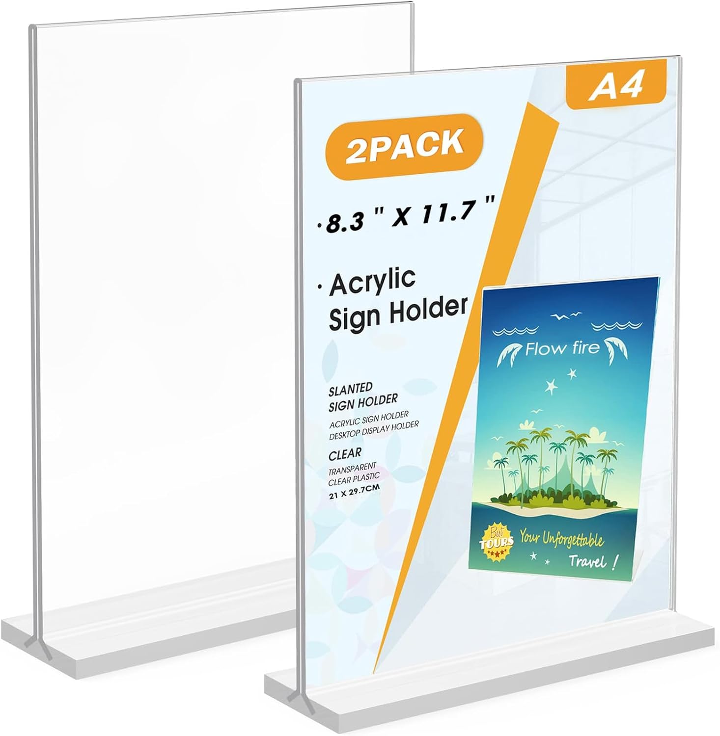 Flow fire A4 Acrylic Sign Holder, 2 Pack T-Shape A4 Clear Perspex Display Stand, Double-Side Menu Poster Sign Holder for Office Store Restaurant