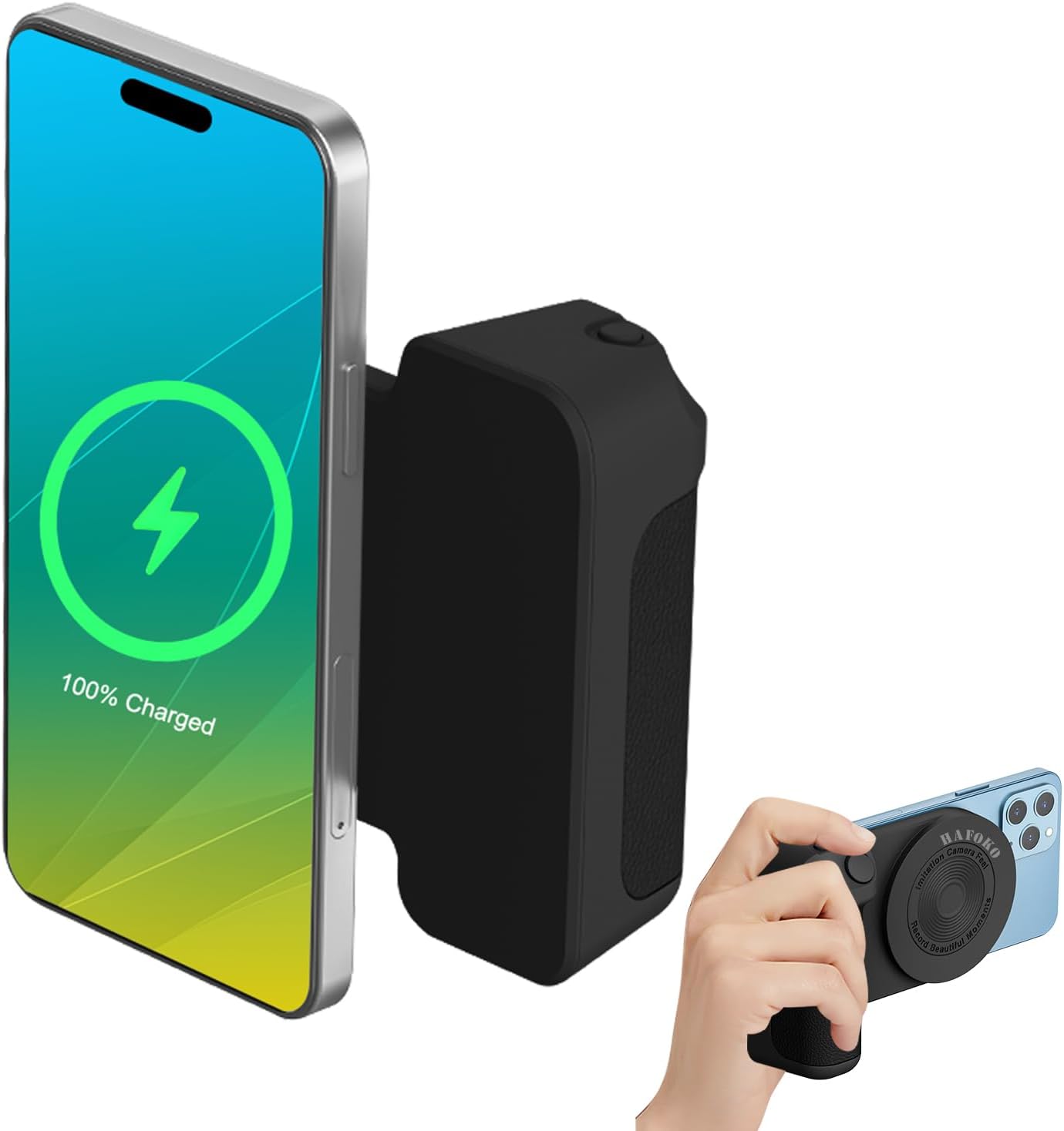 HAFOKO Magnetic Smartphone CapGrip Camera 3,300mAh Wireless Charging Grip Magnetic Camera Handle Bluetooth Bracket Cell Phone Shutter Grip w Bluetooth Control Compatible for iPhone Video Shooting