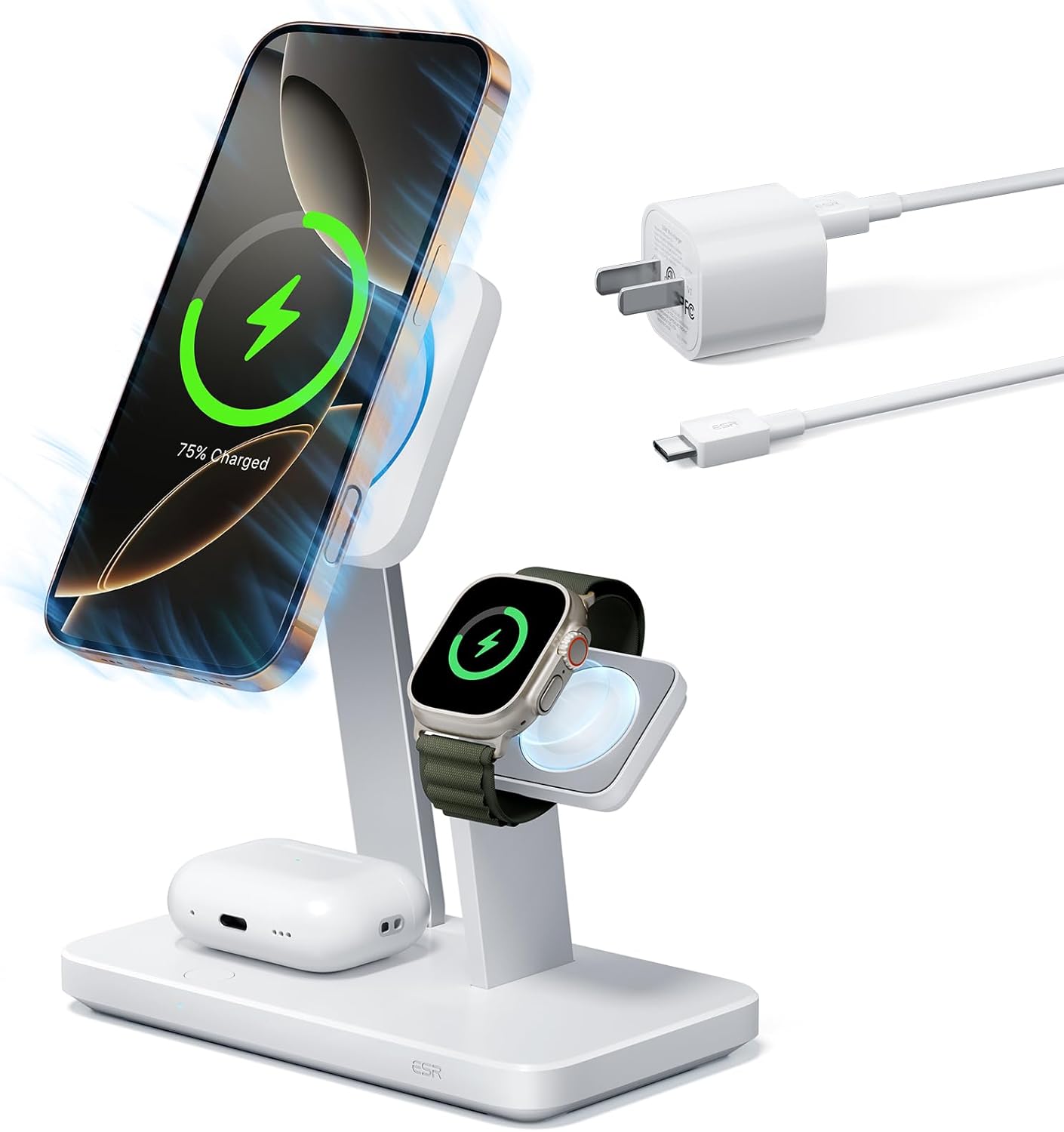 ESR 25W 3-in-1 Compatible with MagSafe Charger Stand, Made for Apple-Certified Magnetic Wireless Charger for iPhone 16/15/14/13/12 Series, AirPods 4/3/Pro, Phone-Cooling, White