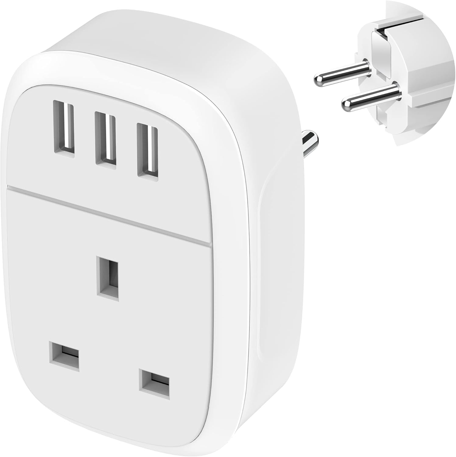 Iroussa UK to European Adapter Plug, EU Schuko Travel Adaptor with 3 USB Ports, Euro Europe Grounded Charger for Germany France Spain Turkey Russia Iceland Greece Poland Portugal Austria (Type E/F)