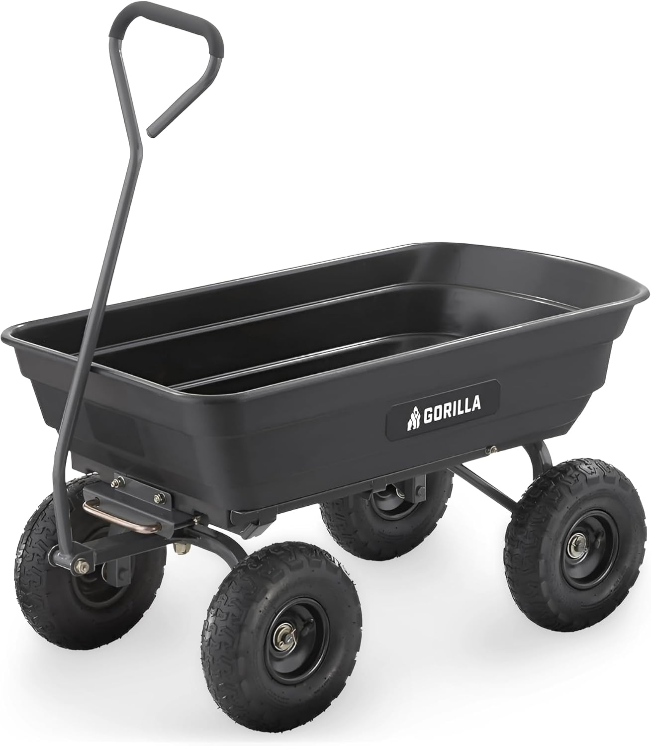 Gorilla Carts GOR4PS Poly Garden Dump Cart with Steel Frame and 10-in. Pneumatic Tires, Padded pull handle and Quick-release for easy unloading, 600-Pound Capacity, Black