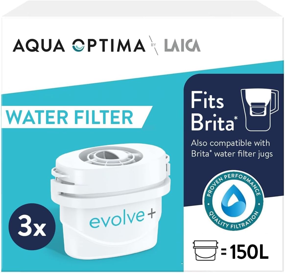 Aqua Optima Evolve+ Water Filter Cartridges 3 Pack - Fits Brita Jugs & Alternative for Maxtra Filters* - Reduces Limescale, Chlorine and Other Impurities - by LAICA (Packaging May Vary)
