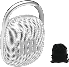 JBL Clip 4 Portable Bluetooth Speaker - White, IP67 Waterproof, Dustproof, 10 Hours Playtime, Integrated Carabiner, Ultra-Portable Design, Bold Style, Rich Pro Sound, Includes Pouch