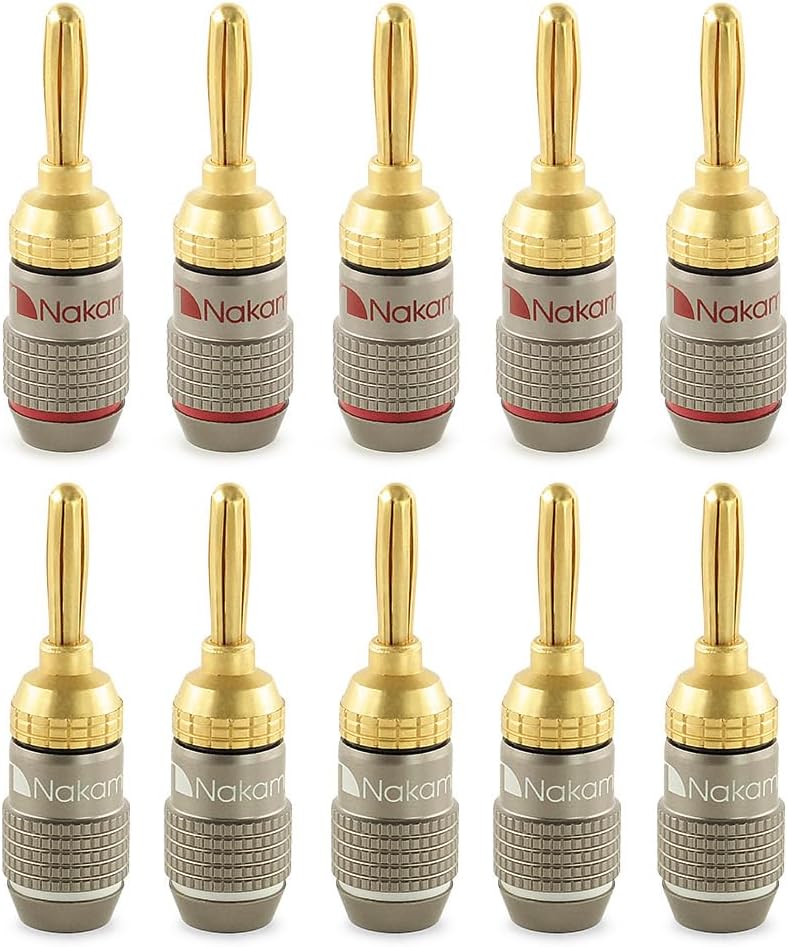 Nakamichi FanLock Excel Series 24k Gold Plated Banana Plug 10 AWG - 18 AWG Gauge Size 4mm for Speakers Amplifier Hi-Fi Stereo Home Theatre Radio Audio Wire Cable Quick Connector 10 Pcs (5-Pairs)