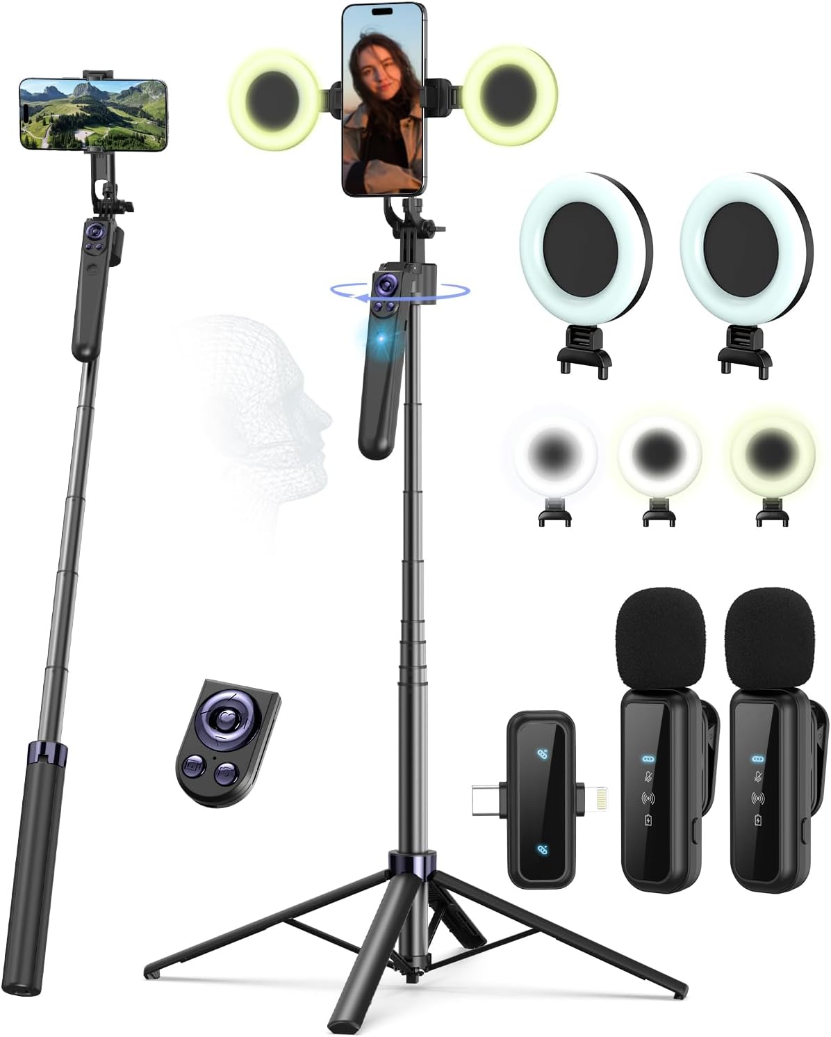 Vlogging Kit for iPhone/Android, 63”Auto Face Tracking Tripod for iPhone with Light, Wireless Microphones, Scrolling Remote Control for TikTok, Content Creator Kit for YouTube Starter