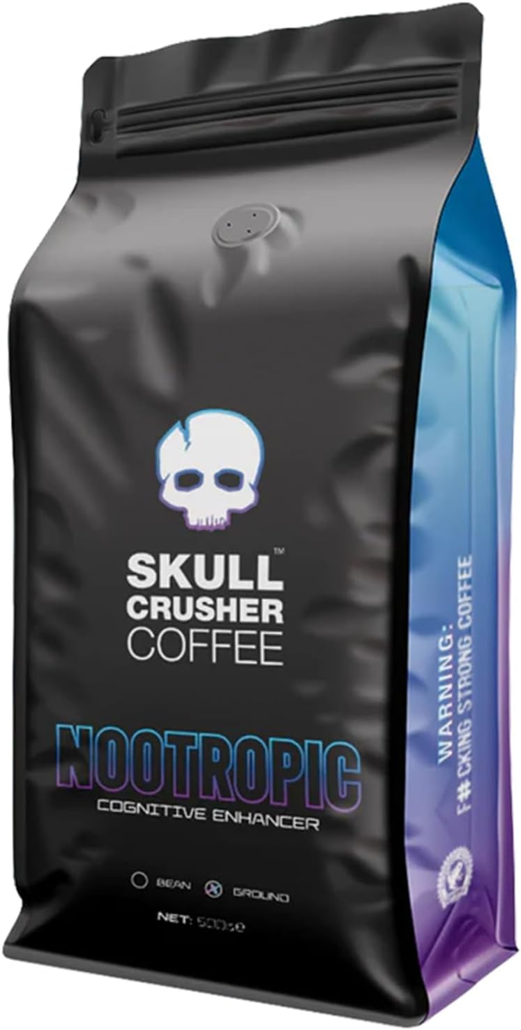 Skull Crusher Cognitive Enhancer Ground Coffee - Premium Rainforest Alliance Certified High Caffeinated Ground - Warning: World's Strongest Coffee Blend Infused with Potent Nootropics - (500g)