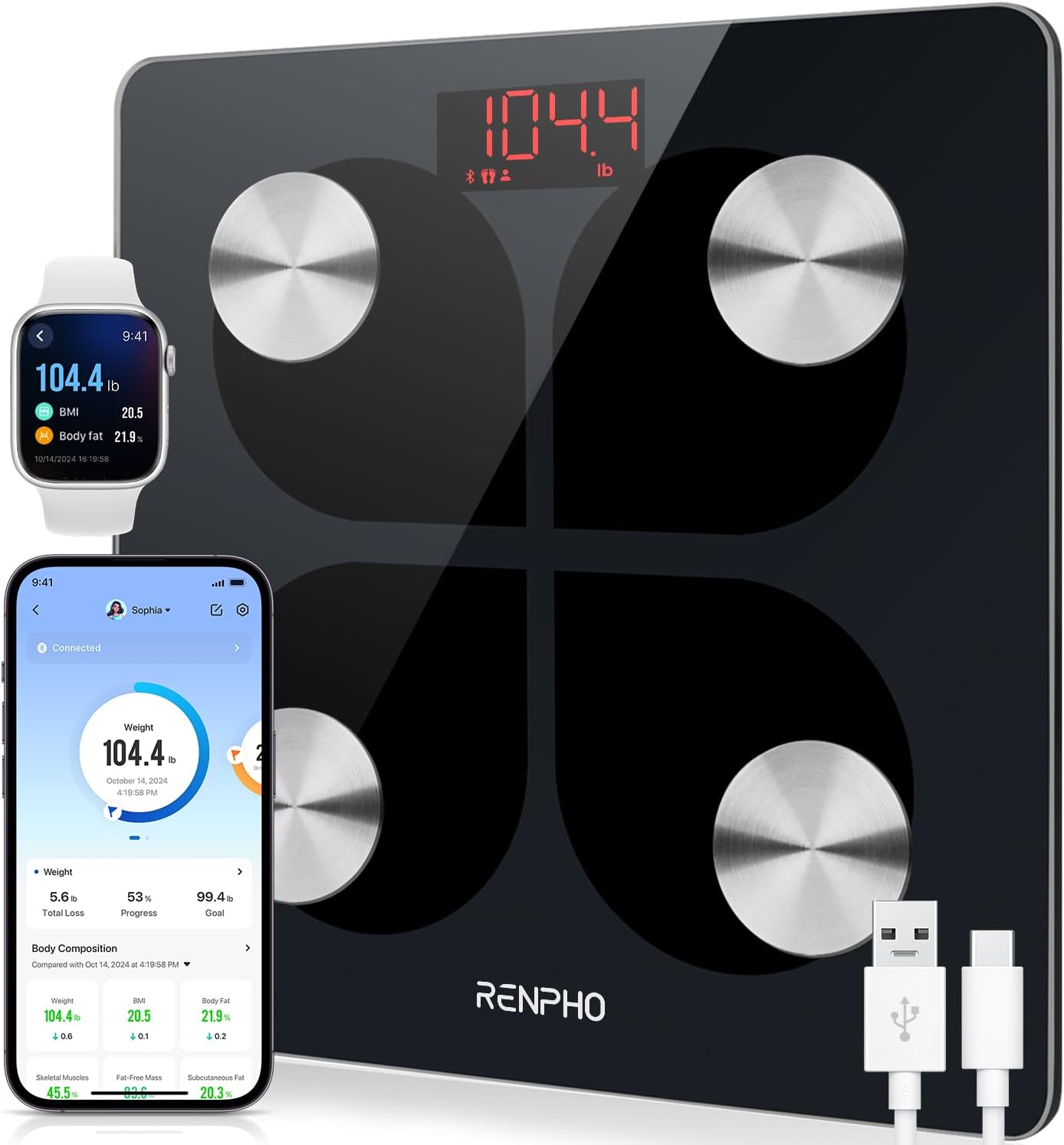 RENPHO Rechargeable Smart Scale, Digital Weight Scale for Body Weight, Bathroom Scale with BMI and Body Fat, FSA HSA Eligible, Body Composition Monitor with Smartphone App, 396 lbs, Elis 1