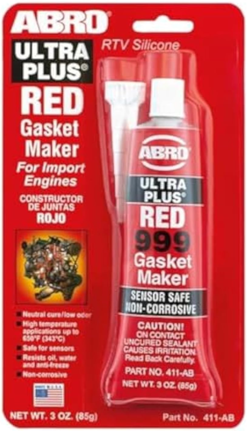 ABRO Ultra Plus 999 RTV Silicone Sealant and Gasket Maker, for Import Engines, Sensor Safe, Non-Corrosive, High Temp Silicone Sealant/Head Gasket Sealant, 650 Degrees F, 3 oz. Tube - Red