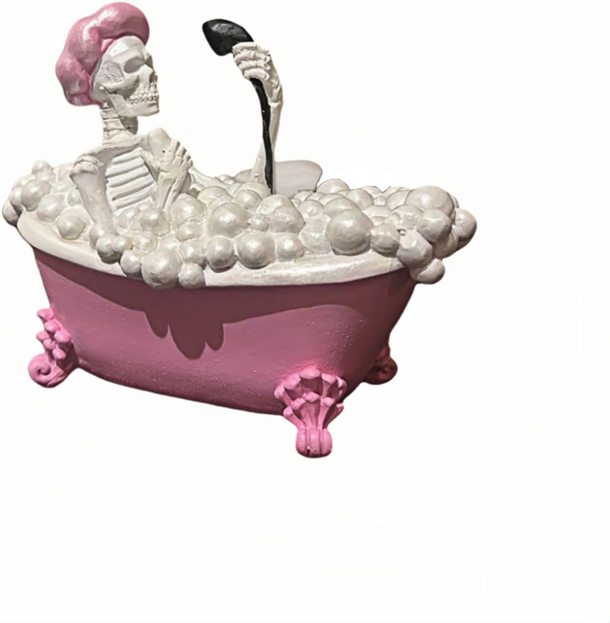 Gothic Skeleton in Vintage Pink Bathtub with Bubbles - Funny Skull Resin Figurine, Creepy Cute Home Decor for Halloween, Office & Bathroom