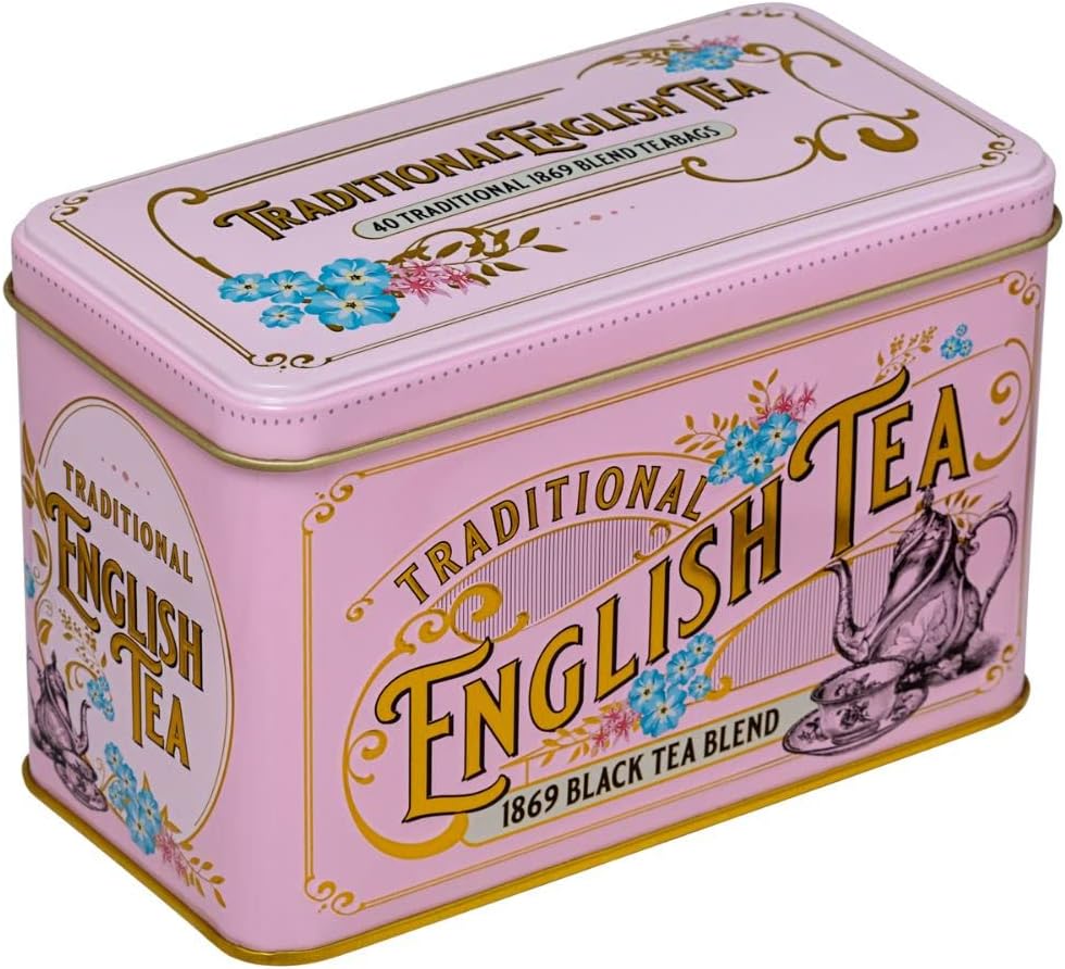 New English Teas Vintage Victorian Tea Tin in Pink with 40 English Breakfast 1869 Blend Teabags
