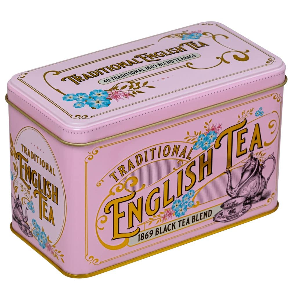 New English Teas Vintage Victorian Tea Tin with 40 Fine 1869 Blend English Teabags (Pink)