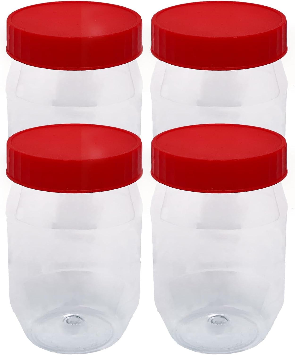 PNS 4-Pack 300ml Plastic Storage Jars with Screw Top Lids - Red Airtight Food Storage Containers - Free for Kitchen, Herbs, Spices, Sweets - Clear Canister Pots