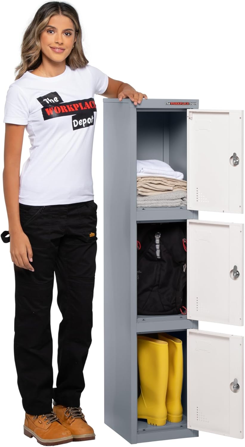 The Workplace Depot Small Storage Lockers, 1-3 Door Heavy Duty Metal Locker with Key Lock & Hanging Rail for Schools, Clubs & Leisure Centres (Grey, 3 Door)