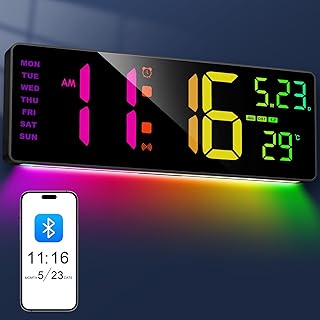 XREXS 16.3" Bluetooth Large Digital Wall Clock with Remote Control, Auto Time Sync, 6 Color Night Lights Adjustable Dimmer 10 RGB Color Changing Large Display for Home, Gym, Office and Classroom