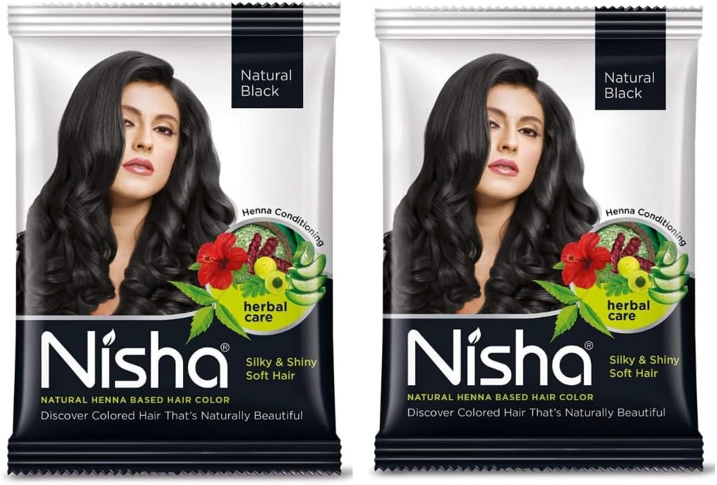 Nisha Natural Henna Based Hair Color Powder, Natural Brown, Natural Black, Burgandy Redy Pack of 2, Henna Based Dye with Brush Set (Natural Black x 2 10g Pouch)