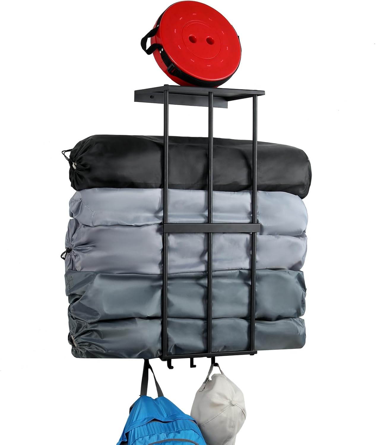 Camping Chair Rack for Garage Storage, Metal Camping Beach Chair Umbrella Holder Wall Mounted Rack Organizer Floating Shelf with 4 Hooks for Garage Organization