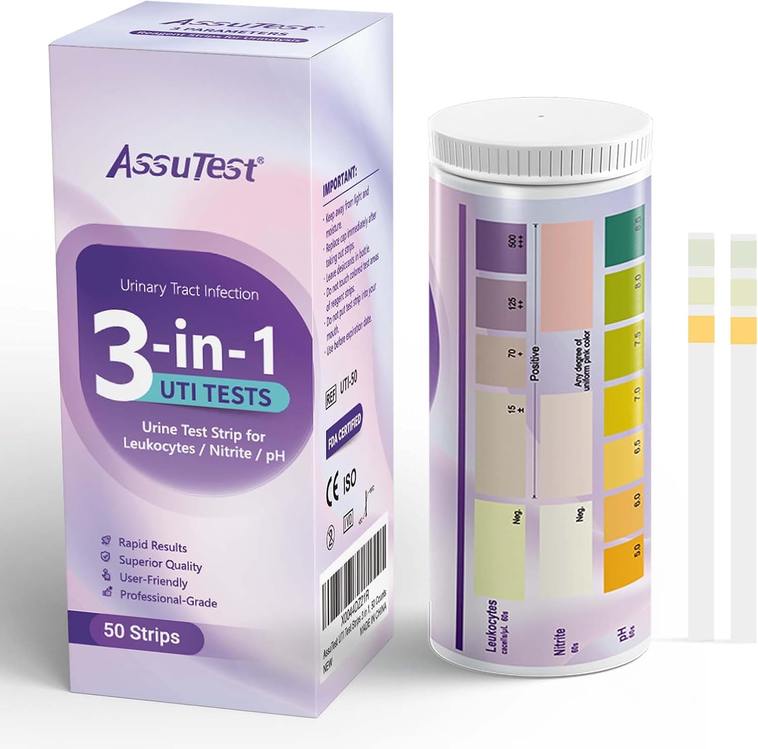 UTI Test Strips - 3-in-1 Advanced Urinary Tract Infection Home Testing Testing Kit Detection with Accurate Leukocytes, Nitrite, and PH Readings, Simple at-Home Urine Test Strips, 50ct