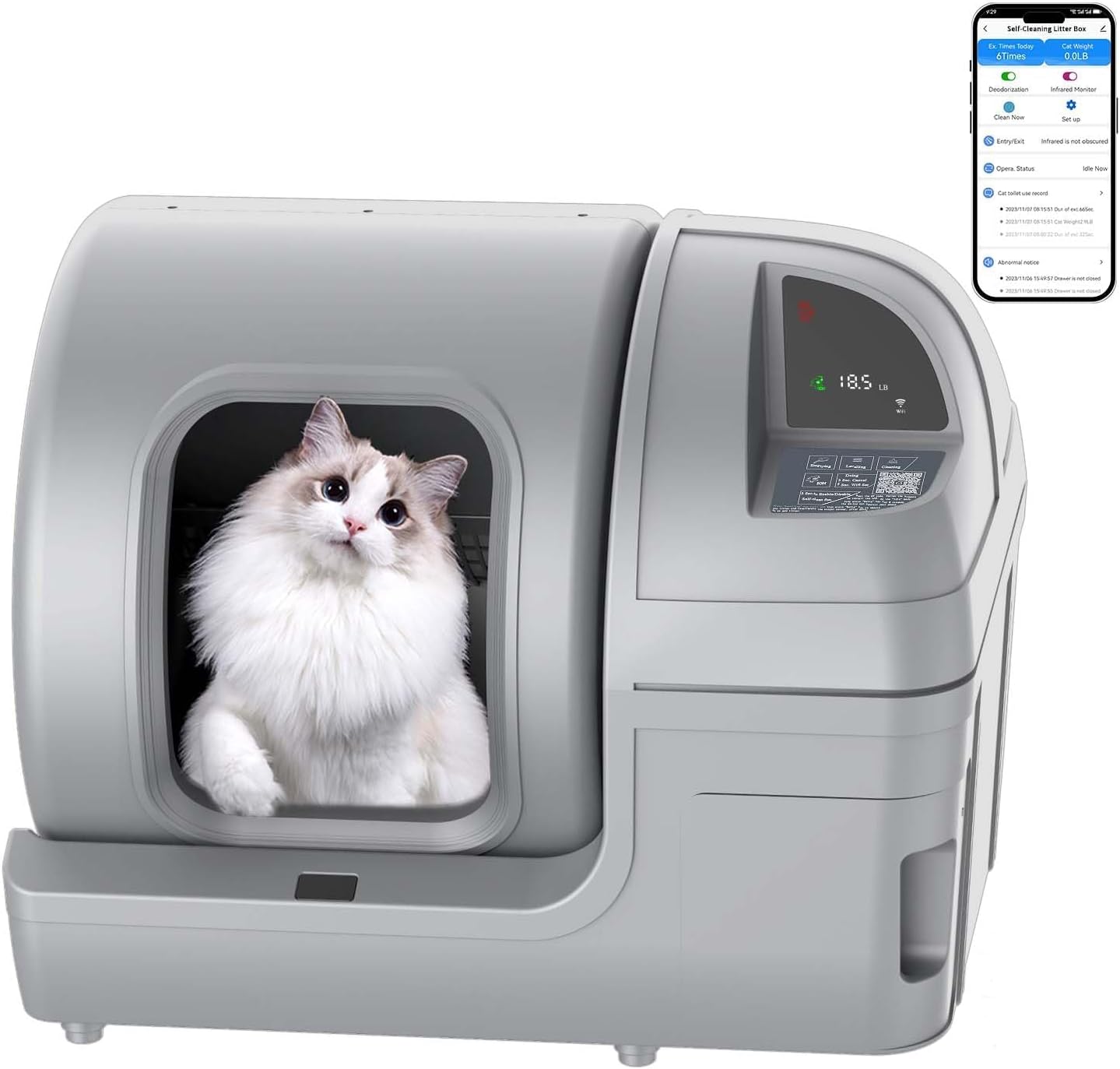 Self Cleaning Litter Box - 100L Large Capacity Cat Litter Box with App Smart Control for Automatic Cleaning, Suitable for Multiple Cats, Gray