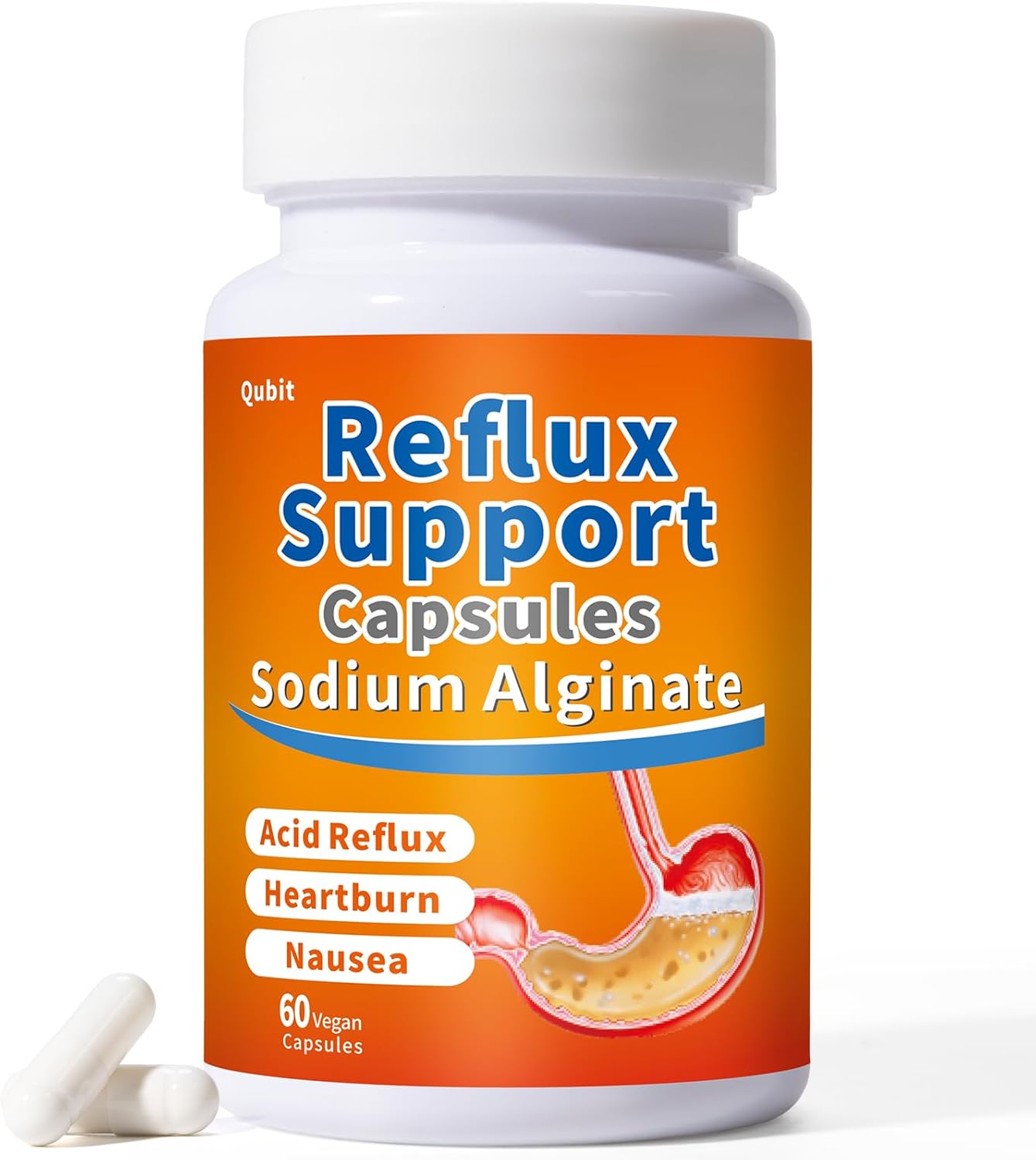 QUBIT Sodium Alginate for Acid Reflux – No Aftertaste & Taste Well, Easy to Swallow, for Silent Reflux, Heartburn & Indigestion – Gourmet Raft Barrier on Stomach – 60 Vegan Capsules
